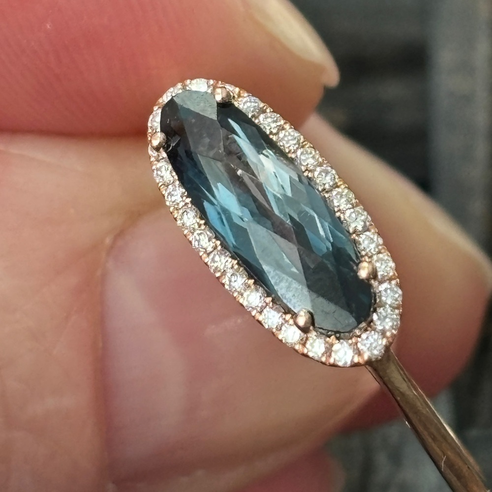 14k rose gold ring with London blue topaz and natural diamond halo. - Picture 4 of 11